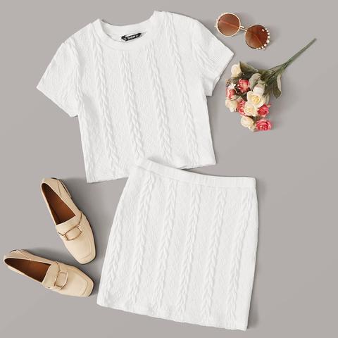 Cable Knit Short Sleeve Top & Skirt Set