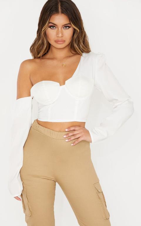 White One Shoulder Cup Detail Crop Shirt