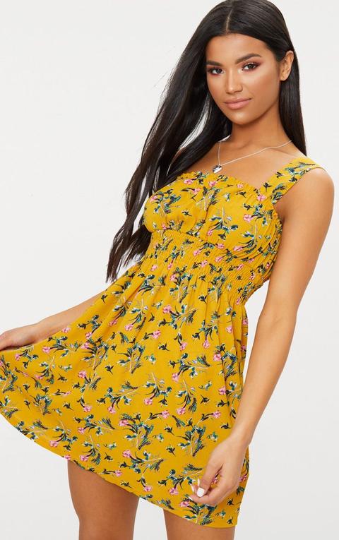 Mustard Floral Frill Detail Skater Dress