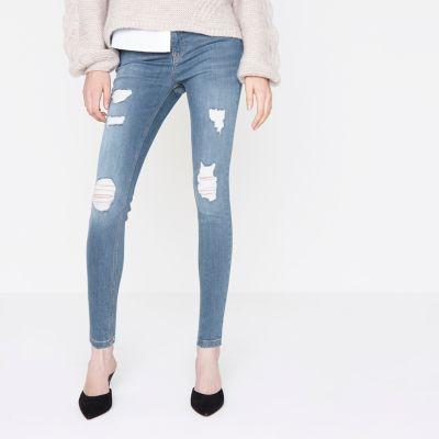 Mid Blue Amelie Ripped Super Skinny Jeans