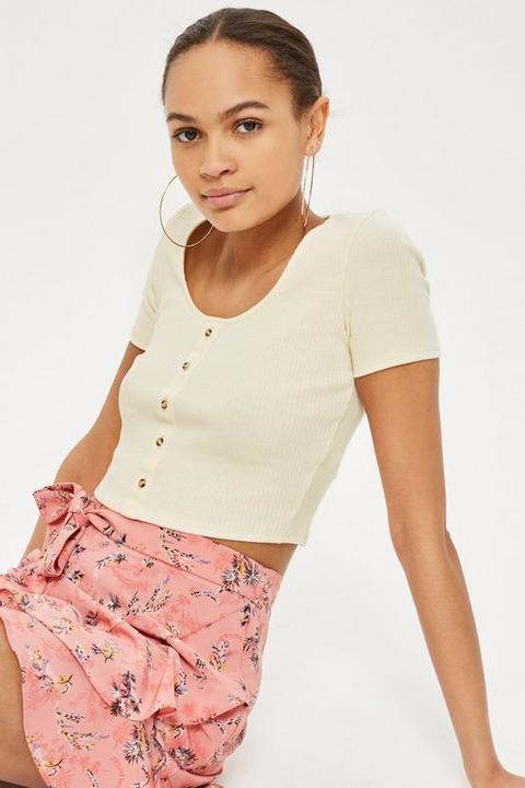 Womens Short Sleeve Horn Button Cropped Top - Cream, Cream