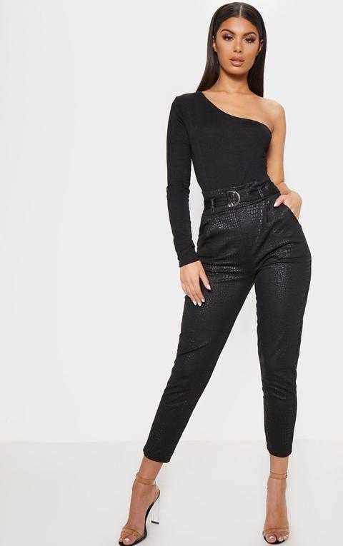 Black Croc Print D Ring Belted Skinny Trousers, Black