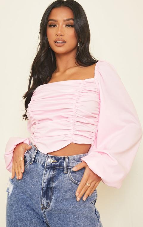 Petite Pink Ruched Front Long Sleeve Blouse