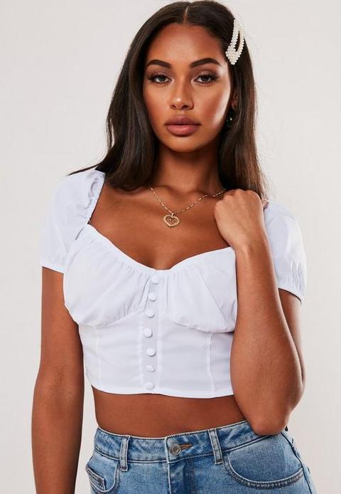 White Button Front Milkmaid Crop Top, White