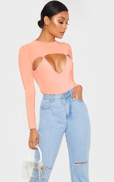 Peach Slinky Cut Out Long Sleeve Thong Bodysuit