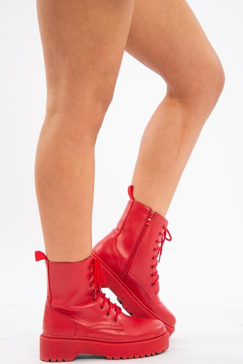 Red Faux Leather Side Zip Chunky Boots 
