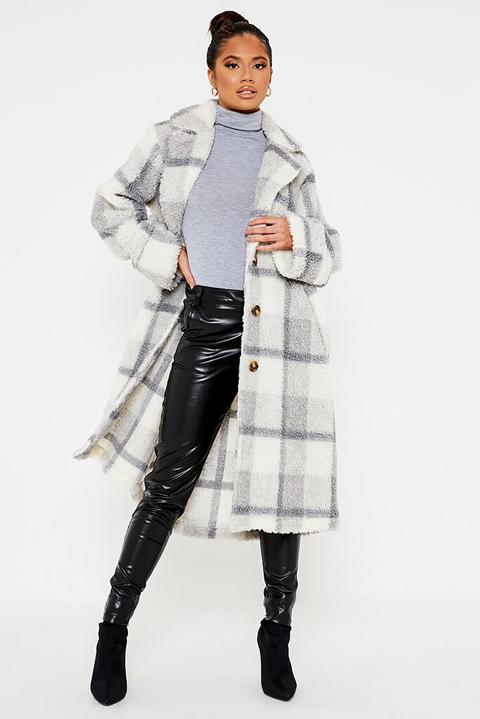 Ivory Check Borg Long Line Coat , Beige