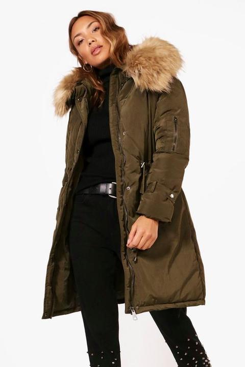 Longline Tie Cuff Parka With Faux Fur Trim