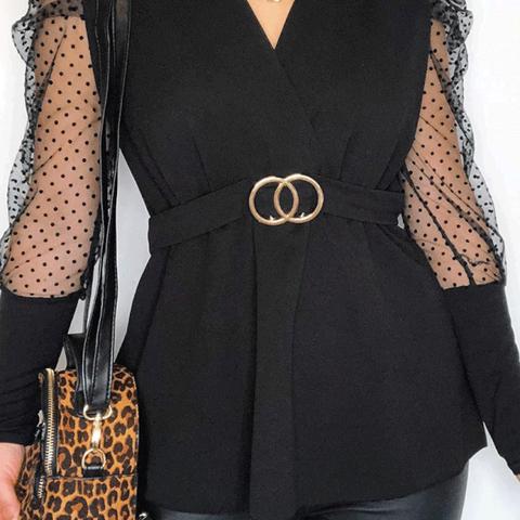 Black Polka Dot Mesh Sleeve Wrap Front Buckle Detail Top