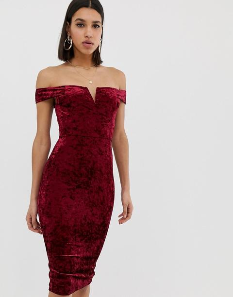 Ax Paris - Vestito Midi Con Dettaglio A V E Scollo Alla Bardot - Rosso