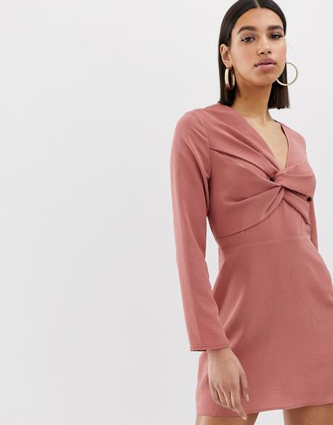 Minivestido De Manga Larga Con Parte Delantera Cruzada En Rosa De Missguided-marrón