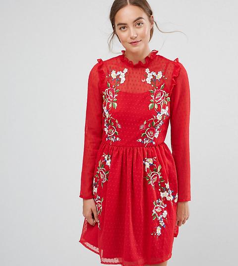 Asos Tall - Vestitino In Tessuto A Pallini Con Graziosi Ricami - Rosso