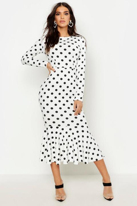 Womens Polka Dot Fishtail Long Sleeved Midaxi Dress - Black