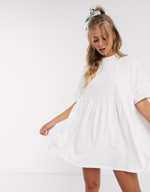 Asos Design Super Oversized Frill Sleeve Smock Dress In White