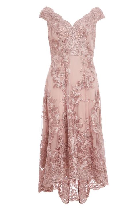 Blush pink embroidered 2025 bardot dip hem dress