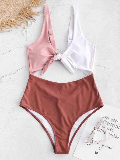 Costume Da Bagno Zaful Color Block Cut-out Light Gray Pink Chestnut Red