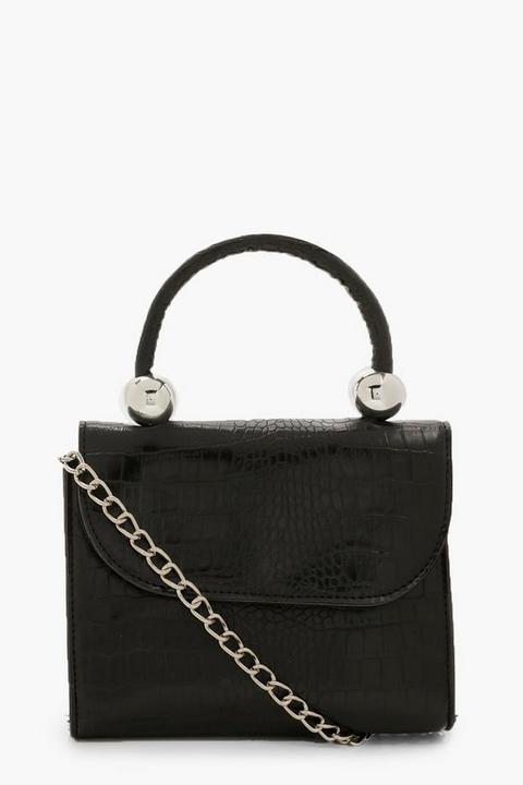 Womens Mini Croc & Bead Structured Cross Body Bag - Black - One Size, Black