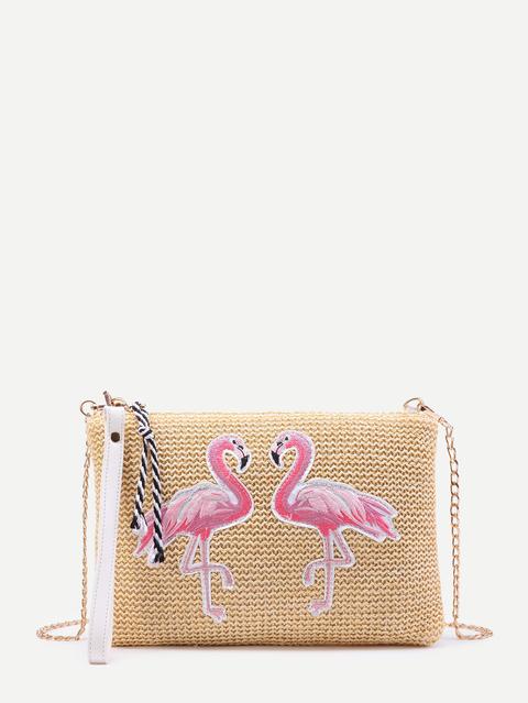 Flamingo Embroidery Straw Chain Bag