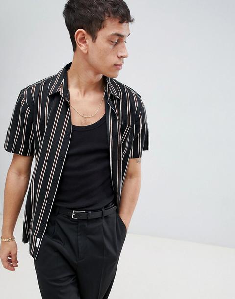 Bellfield - Camicia A Maniche Corte A Righe Verticali - Nero