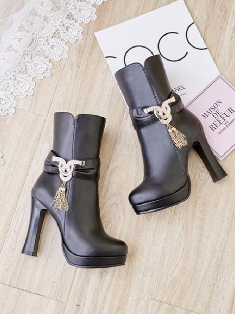 Stivaletti Punta Tonda Con Strass Moda Con Strass Nero