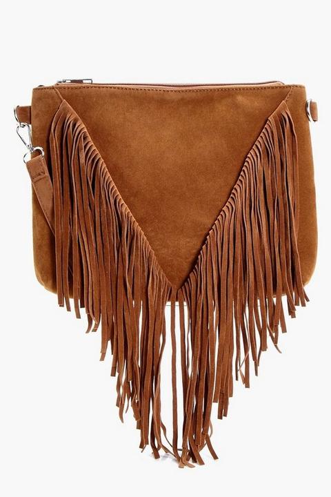 Womens Suedette Fringed Cross Body Bag - Brown - One Size, Brown
