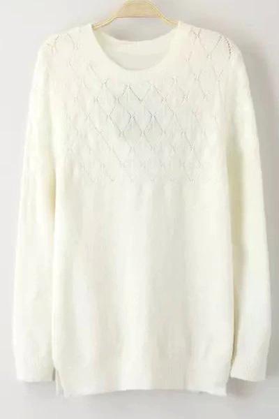 Openwork White Round Collar Long Sleeves Pullover Sweater