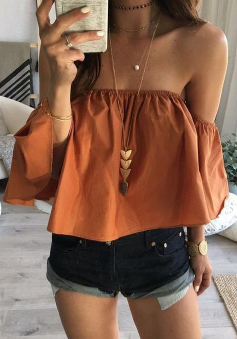 Khaki Bandeau Ruffle Short Sleeve Fashion Slim Blouse