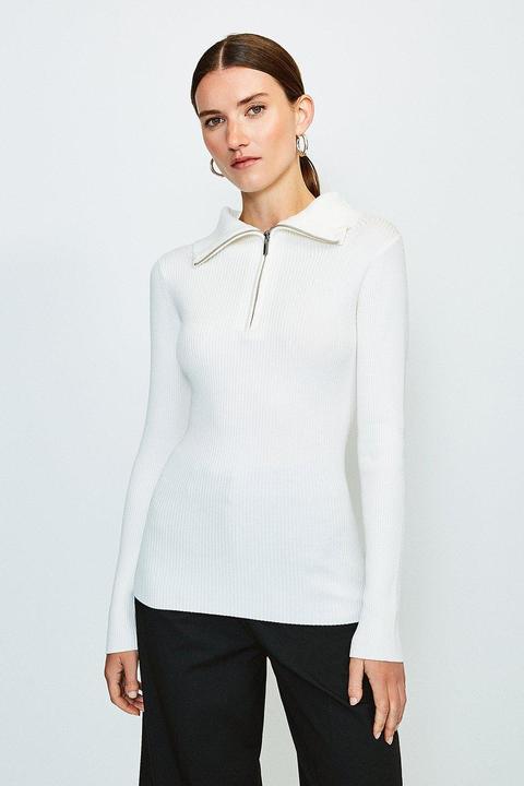 Karen Millen Zip Front Open Neck Jumper -, Ivory