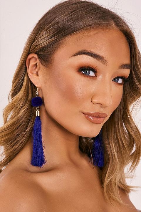 Blue Earrings - Blue Pom Pom Tassel Earrings
