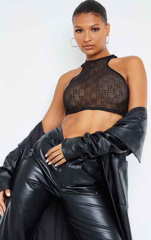 Prettylittlething - Crop Top En Mesh Noir À Dos Nageur Et Monogrammes, Noir