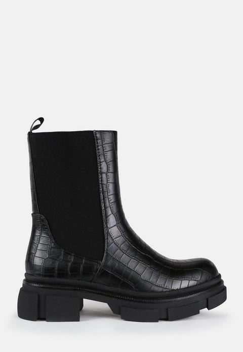 Black Mock Croc Pull On Chunky Ankle Boots, Black