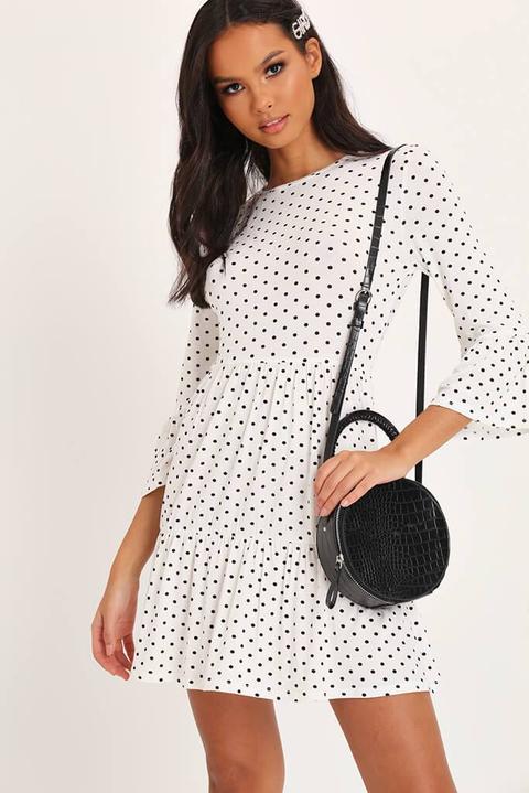 White / Black Polka Dot Frill Hem Mini Dress