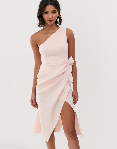 Vestido Midi Con Escote Asimétrico Y Detalle De Pliegues De Asos Design-rosa