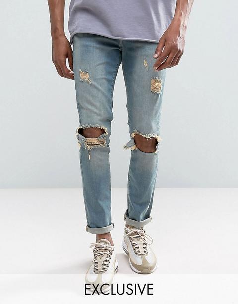 Mennace - Jeans Slim Blu Vintage Slavato Con Strappi Vistosi - Blu