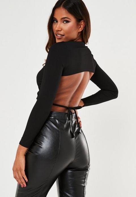 Petite Black Rib Cut Out Back Crop Top, Black