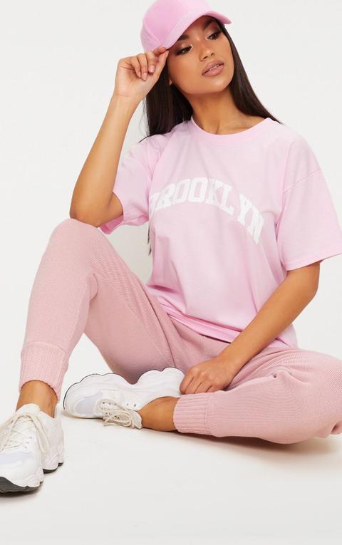 Pink Brooklyn Slogan Oversized T Shirt, Pink