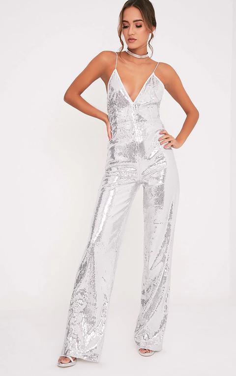 Auris Silver Sequin Plunge Wide Leg Jumpsuit, Grey