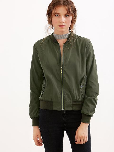 Giacca Bomber Con Cerniera Maniche Polsino Elastico - Verde Militare