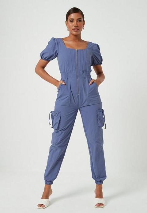 Blue Zip Through Corset Detail Jumpsuit, Blue