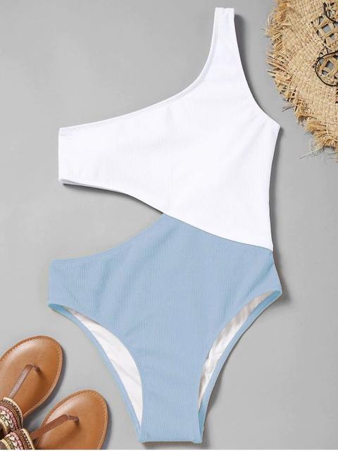Traje De Baño Acampanado Acanalado Light Blue White And Yellow Orangepink Red