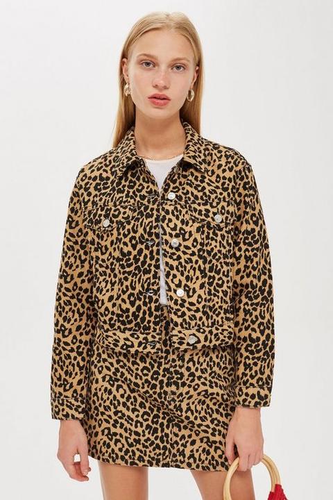 Womens Leopard Print Fitted Denim Jacket - Tan, Tan