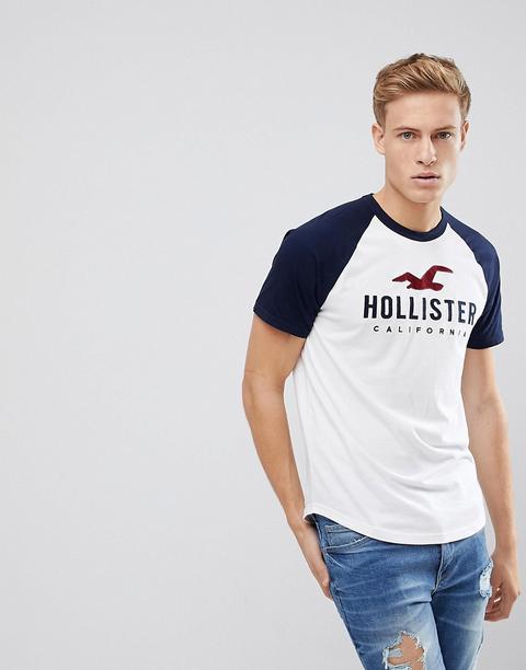 Camiseta Raglán Con Estampado De Logo Estilo Baseball En Blanco/azul Marino De Hollister