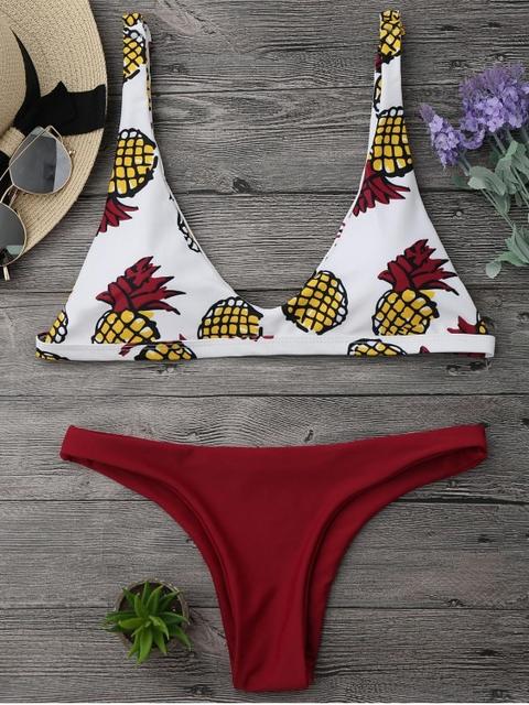 Conjunto Bikini Con Estampado Piña Corte Alto Pink Green Light Green Wine Red