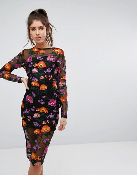 Prettylittlething - Vestito Midi In Pizzo Trasparente A Fiori Ricamato - Rosso