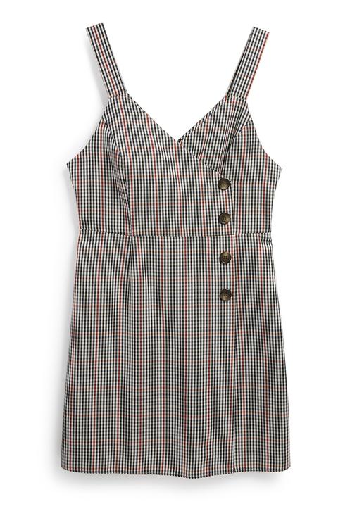 Check Button Detail Pinafore Dress