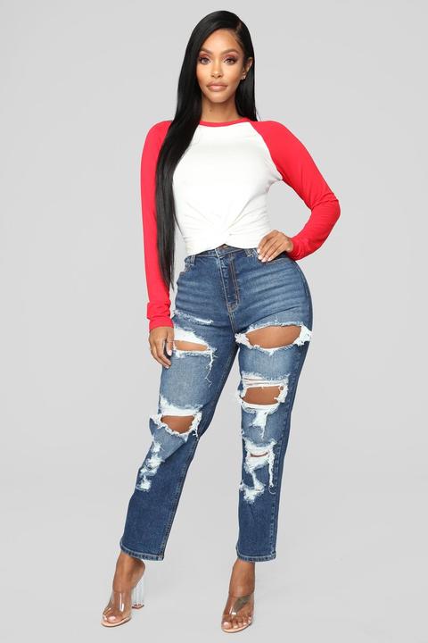 Love Me Not Distressed High Rise Jeans - Dark Denim