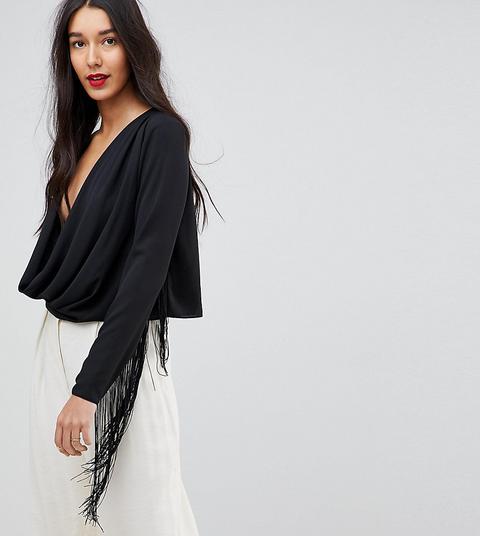 Asos Design Tall Plunge Batwing Top With Fringe Sleeve - Black