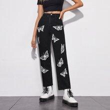 Vaqueros De Pierna Recta Con Estampado De Mariposa