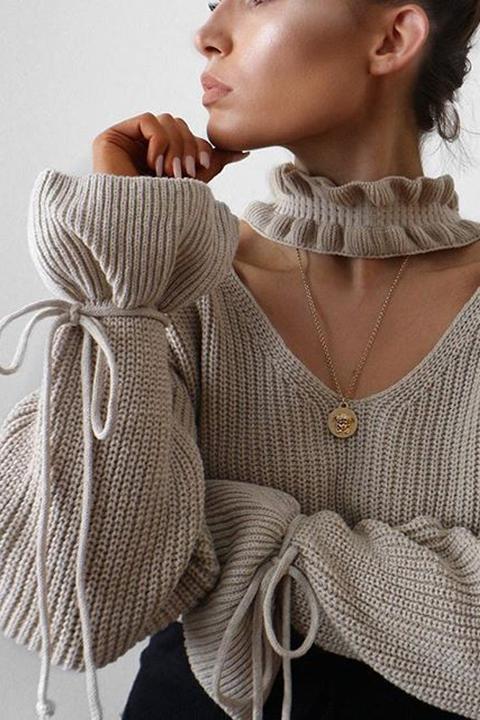 Beige Frill Choker Neck Jumper