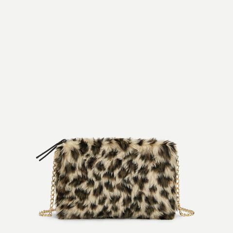 Bolsa Cruzada Con Pelo Sintético Con Patrón De Leopardo Con Cadena